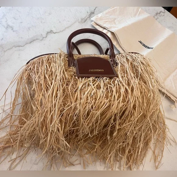 Jacquemus Le Panier Soli fringe raffia tote bag with brown leather trim - Picture 11 of 13